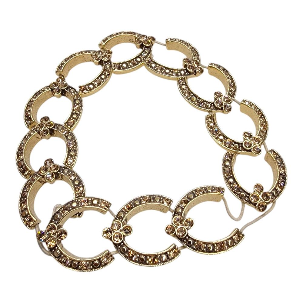 Vintage Monet Rhinestone Stretch Bracelet Gold Tone Pave Floral Link Signed READ